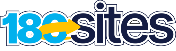 Logo for 180Sites with "180" in light blue, a yellow arrow replacing the zero, and "sites" in dark blue. A white outline surrounds the text.