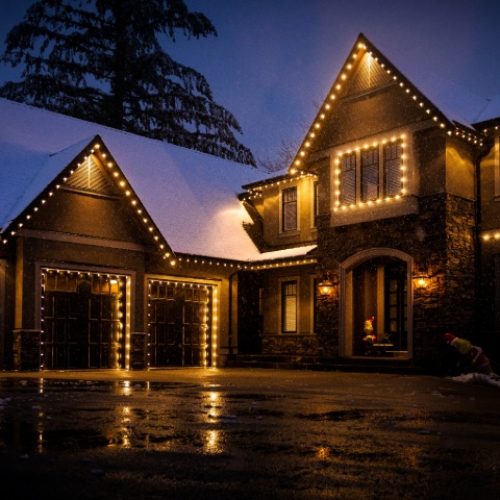 A house adorned with warm Christmas lights glows against a snowy evening sky, showcasing a professional Christmas light installation. The snow-covered roof and driveway add to the festive ambiance.